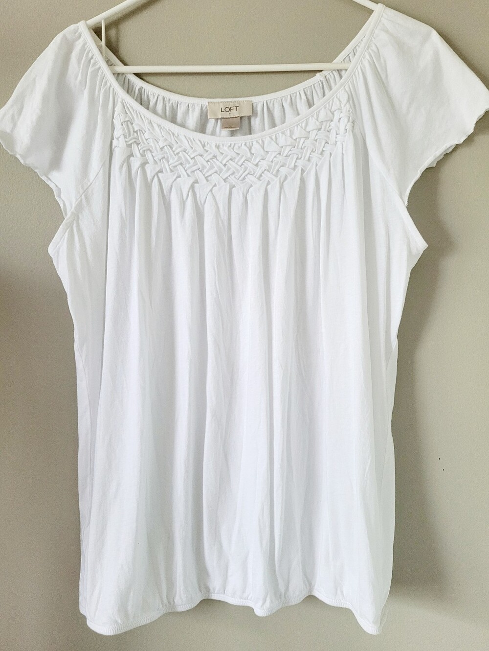 LOFT Ann Taylor White 60%Cotton/40% Modal Smocked Yoke Short Sleeve Blouse Large - Picture 3 of 13